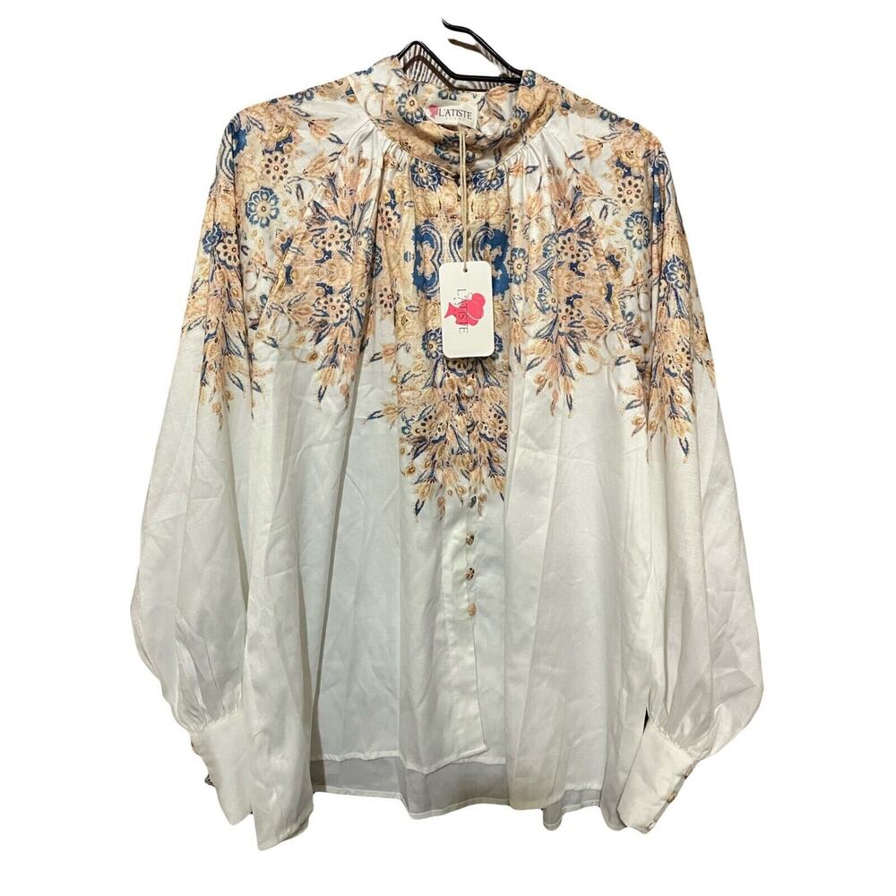 L'ATISTE by Amy Button 1X Mandarin Collar Satin Printed Dress Blouse Brand New - Picture 2 of 16